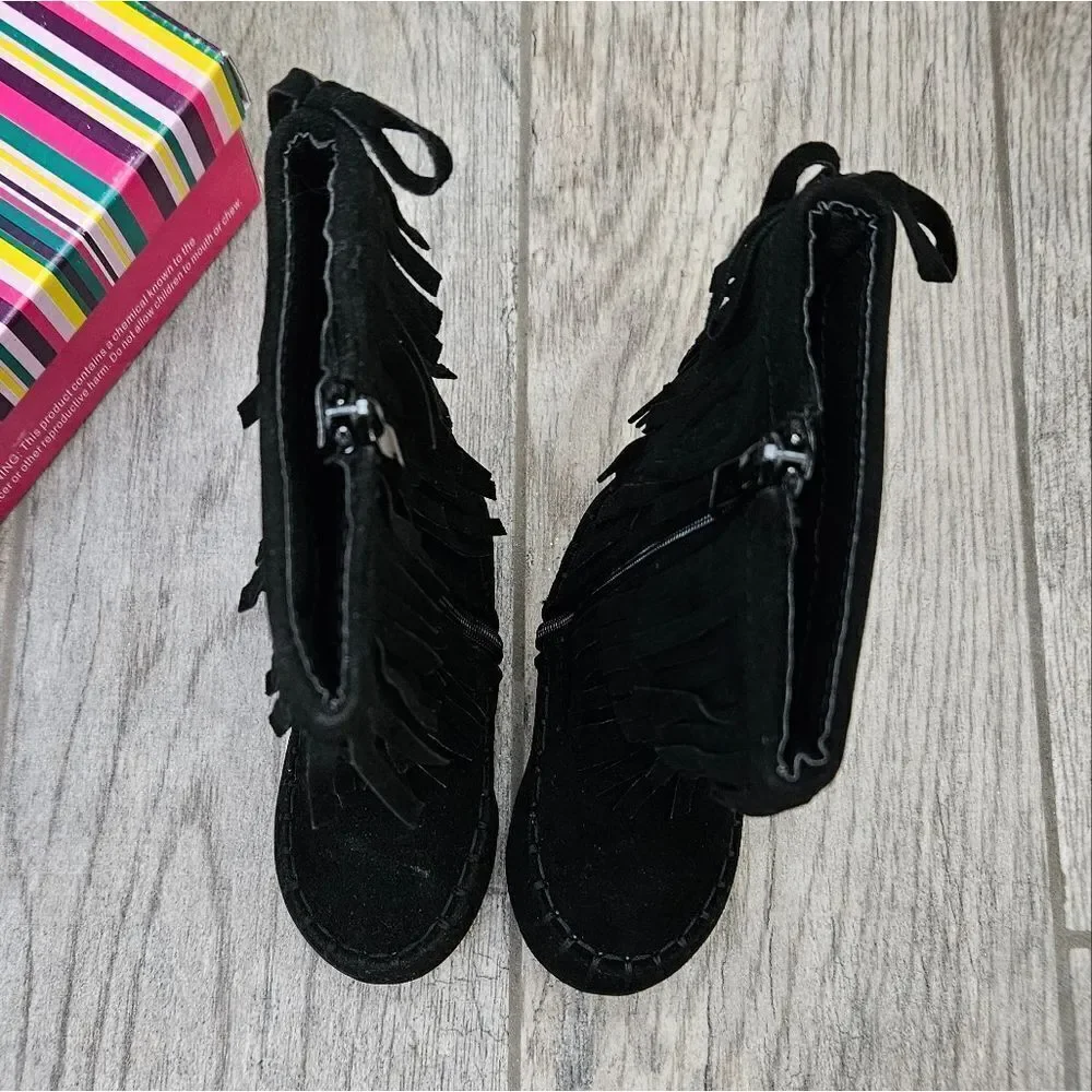 Link Candice 16KA Black Faux Suede Fringe Mid Calf Boots Size 5T
